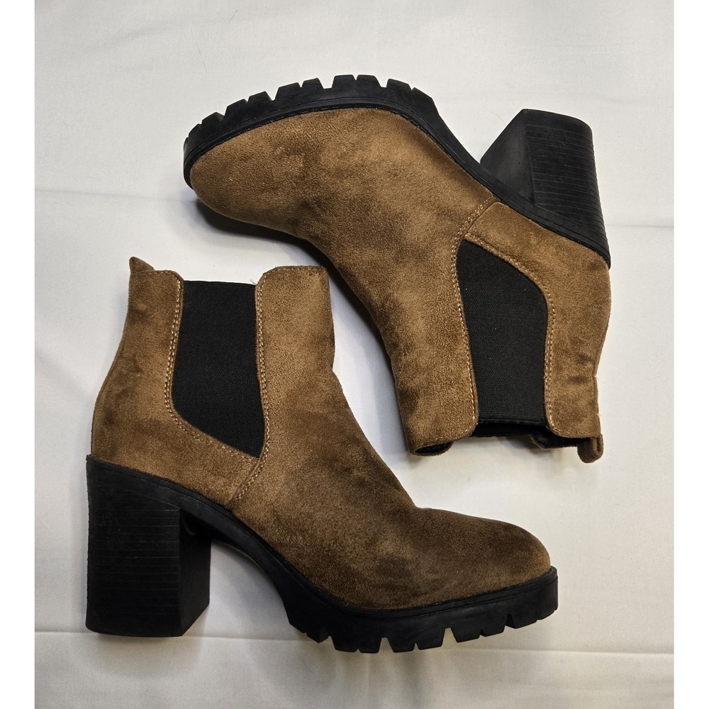 TOPSHOP Chelsea Style Boots with Block Heels Camel Brown Suede Feel 37EU 6.5-7US